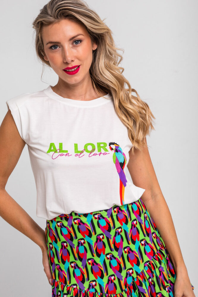 Λευκό αμάνικο τοπ με πολύχρωμο παπαγάλο - Al Loro LOLINA