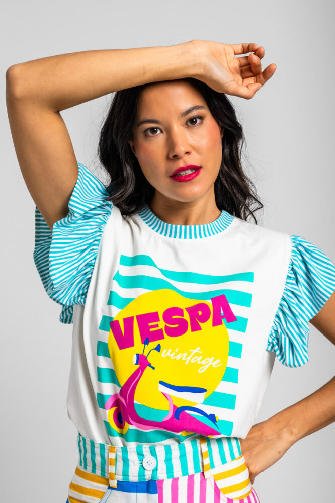 Λευκό μπλουζάκι με βολάν και Vespa - Dolce Far Niente LOLINA