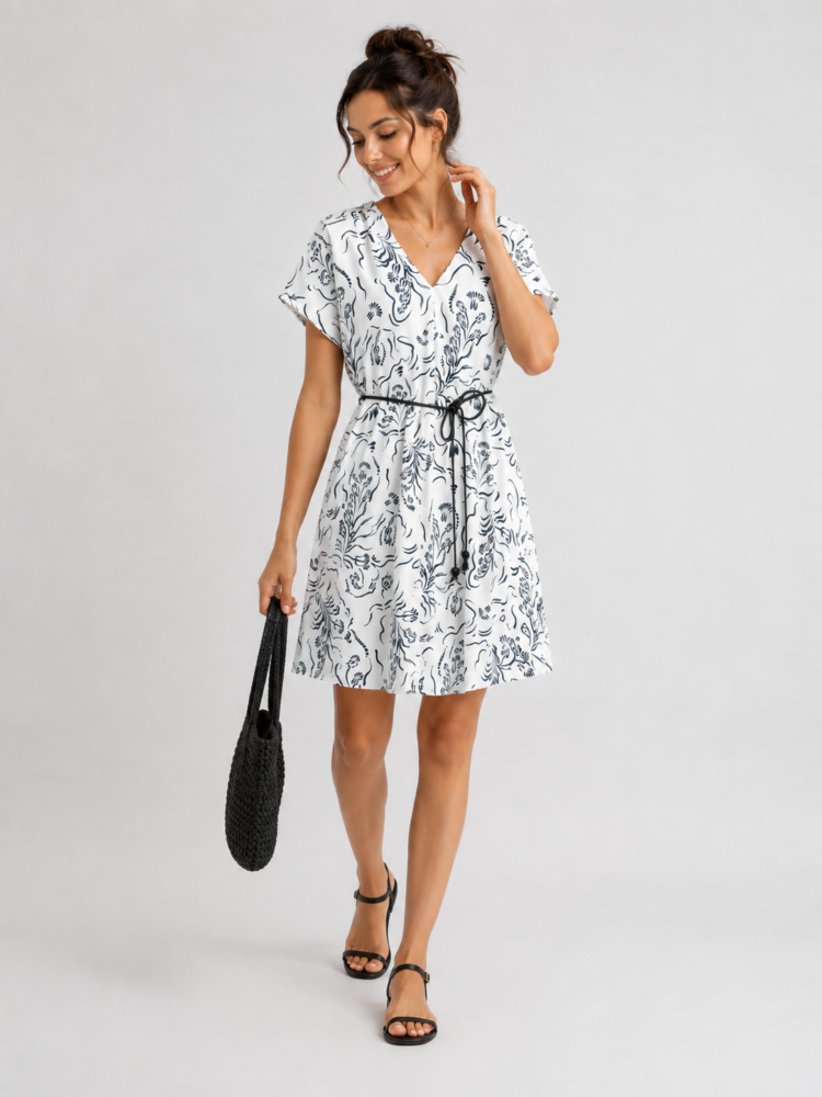 Λευκό κοντό φόρεμα με μαύρο floral print GΟA GOA