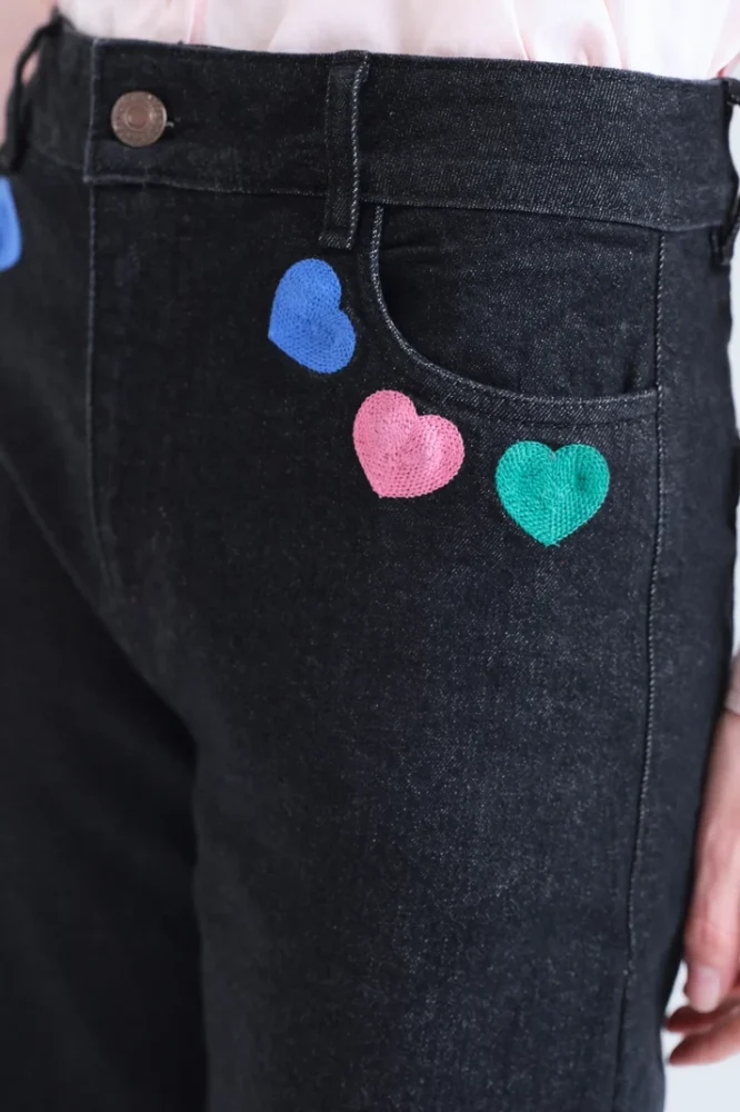 Παντελόνι Denim Hearts Print μαύρο Compania Fantastica - Image 3