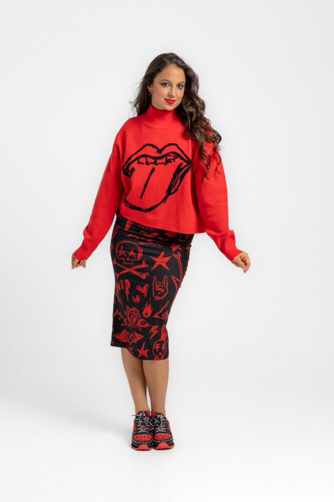 Μπλούζα πλεκτή κόκκινη print -  ROCK AND ROLL LOLINA