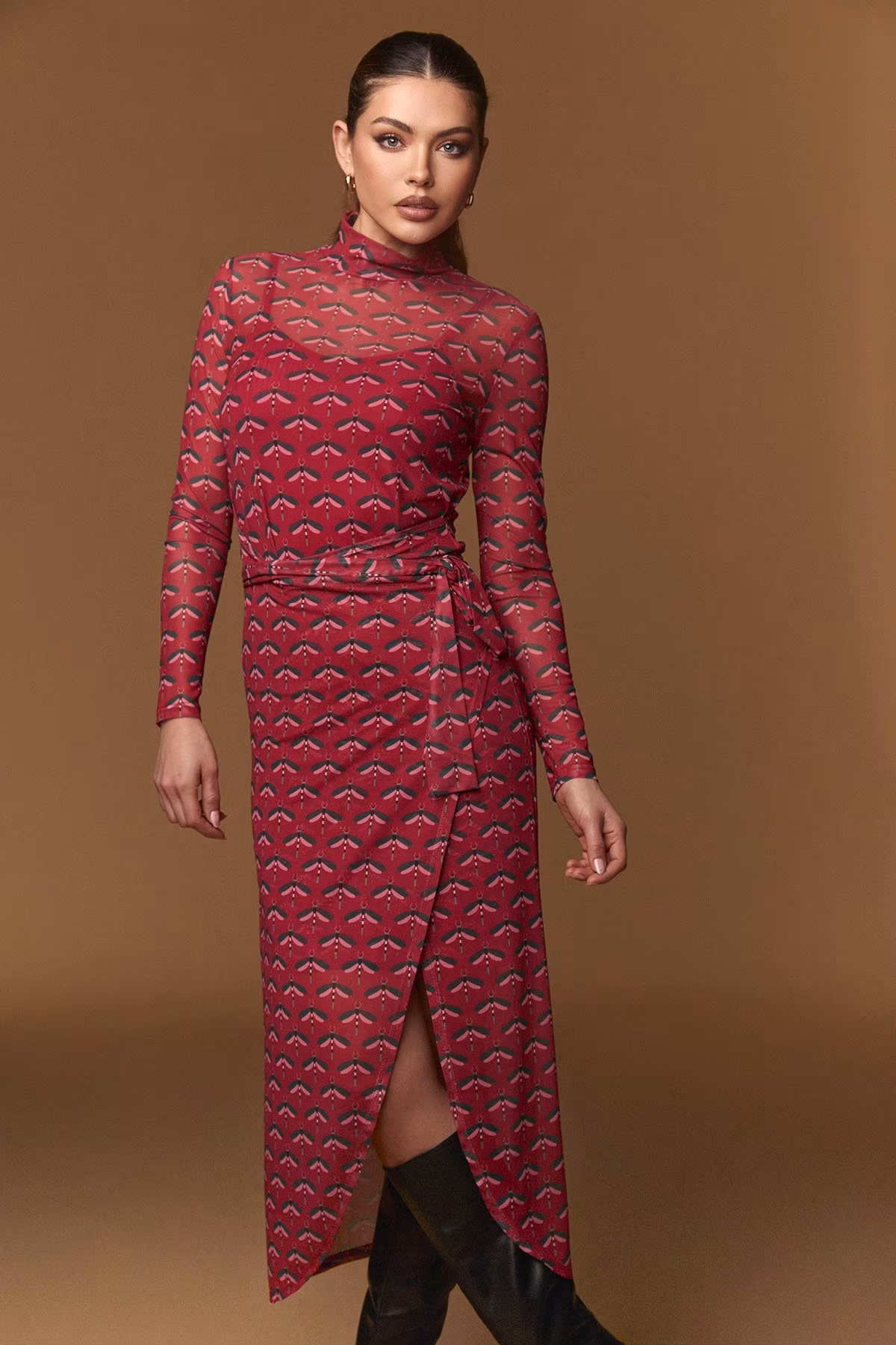 Μακρύ φόρεμα κόκκινο dragonfly print MINUETO