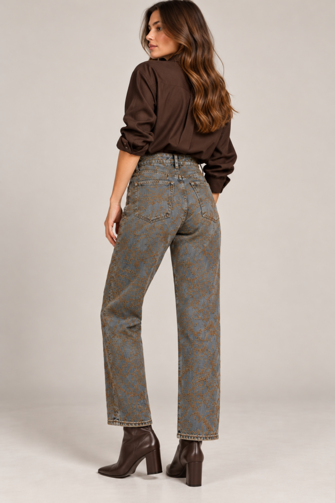 Denim παντελόνι με καφέ print GOA GOA - Image 5