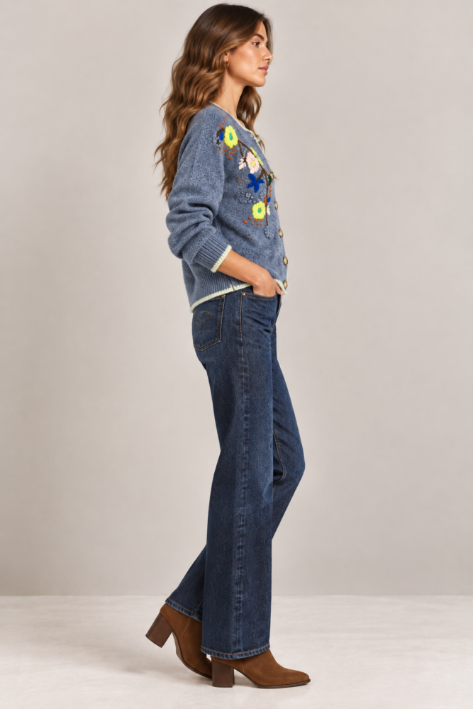 Πλεκτή μπλε ζακέτα floral Md'm - Image 3