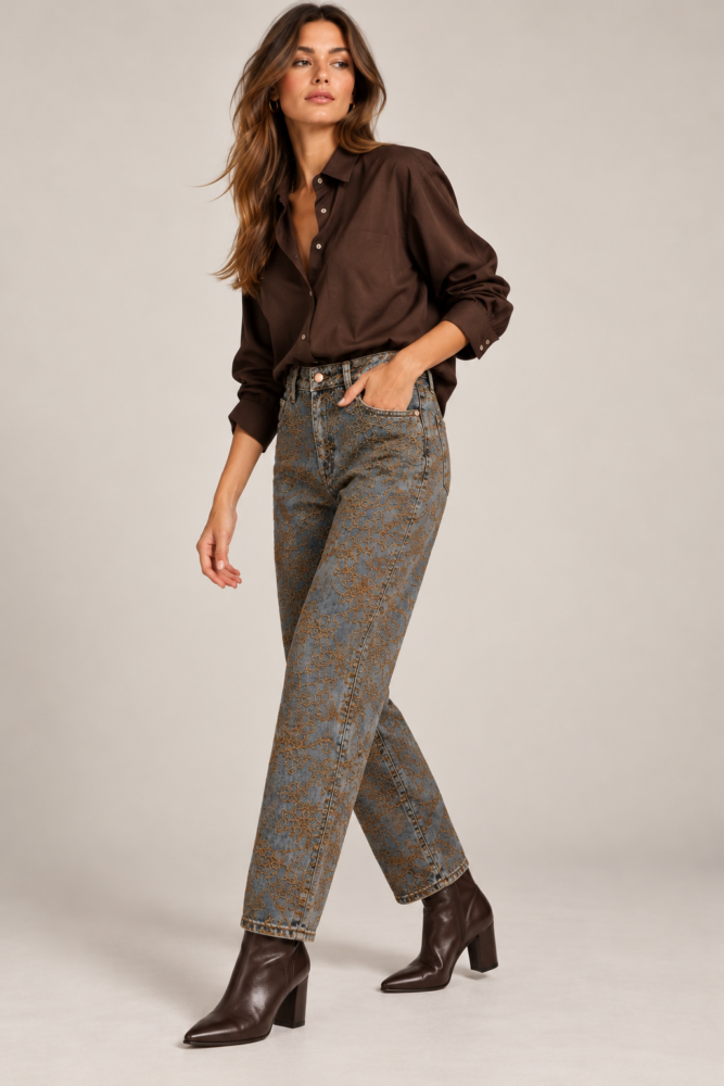 Denim παντελόνι με καφέ print GOA GOA - Image 4