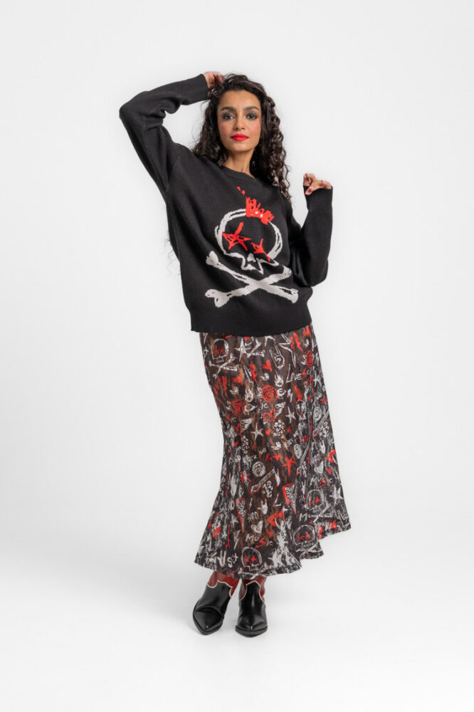 Μπλούζα πλεκτή μαύρη print -  ROCK AND ROLL LOLINA